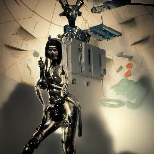 Prompt: nuclear powered love factory with latex clad nubile fembot androids being possessed by the machine spirit rikolo and doctor seuss with joan semmel and hr giger pastel high contrast cinematic light, mystical shadows, sharp focus, divine realm of gods, octane render