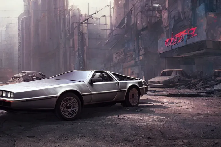 Image similar to highly detailed photorealistic rendering of a delorean parked on the streets of a cyberpunk abandoned city with the door open, futuristic post - apocalyptic vibe, by greg rutkowski and stanley artgerm and alphonse mucha, octane, sharp focus, hyperrealistic, unreal engine 5, vray, masterpiece