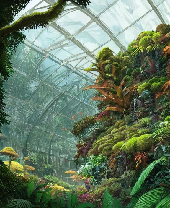 Image similar to an enormous conservatory greenhouse exterior, overgrown with exotic fungus, overgrown with huge ferns, cliff side, noon, sun drenched, partly cloudy, by dan mumford, yusuke murata, makoto shinkai, ross tran, cinematic, unreal engine, cel shaded, featured on artstation, pixiv