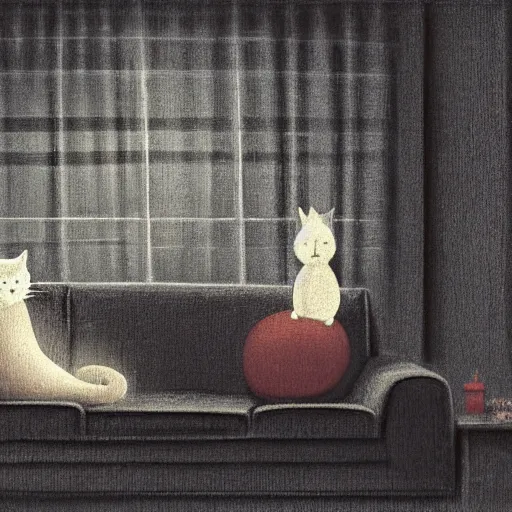 Prompt: a cat and a boy sitting on a couch watching TV in a small dim lit room, by Shaun Tan