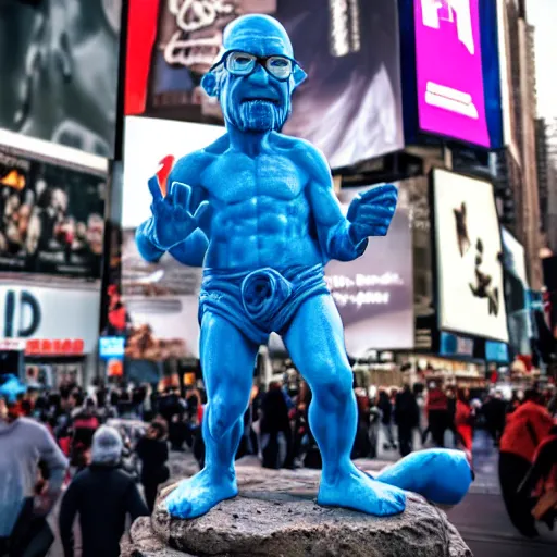 Image similar to a photograph of a very detailed renaissance sculpture of walter white as a smurf in times square, made by michelangelo, from the distance, hyper detailed, sharp focus, 8 k resolution, ray tracing