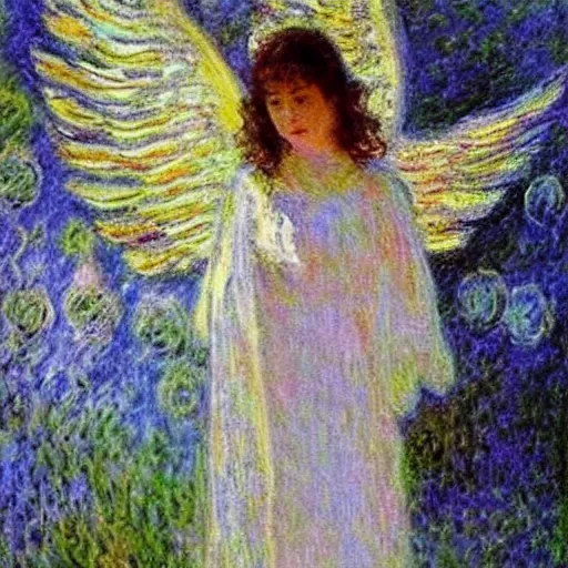 Image similar to knifework reveals angelic reality, painting by claude monet