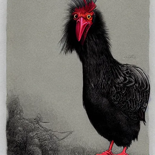 Image similar to a majestic black chicken with royal 'red!!! comb!!!', colored ultra-detailed pen and ink illustration, matte painting, concept art, impossible fine lines, by John Kenn Mortensen