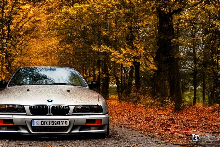 Prompt: A modified BMW e36 parked in a road with trees, autumn season, rain, Epic photography, taken with a professional camera, 10 mm, depth of field, highly detailed