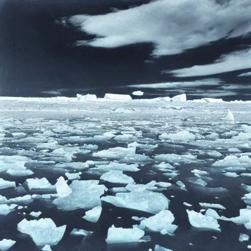 Image similar to vintage horrific photo of an ice floe meeting magma in the middle, textured, skewed perspective, last photo ever taken, apocalyptic event