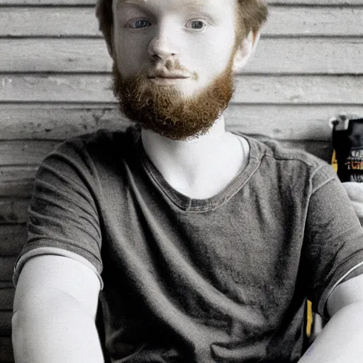 Image similar to “A 20 year old, ginger, tall, polish college student, with a scruffy beard, sitting in his back drinking beer, 8 mm lens photography,”