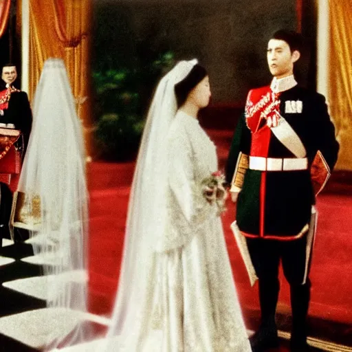 Prompt: a wide full shot, colored russian and japanese mix historical fantasy of a photograph taken of the royal wedding officiant addresses the couple, photographic portrait, warm lighting, 1 9 0 7 photo from the official wedding photographer for the royal wedding. ultra realistic, photorealistic, cinema, hyper realistic, depth of field, film still.