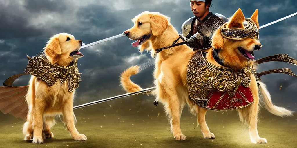 Prompt: full - length professional photo golden retriever in medieval armor with wings and sword fighting with samurai cat in japanese samurai armor with catana, shot from michael benjamin bay movie