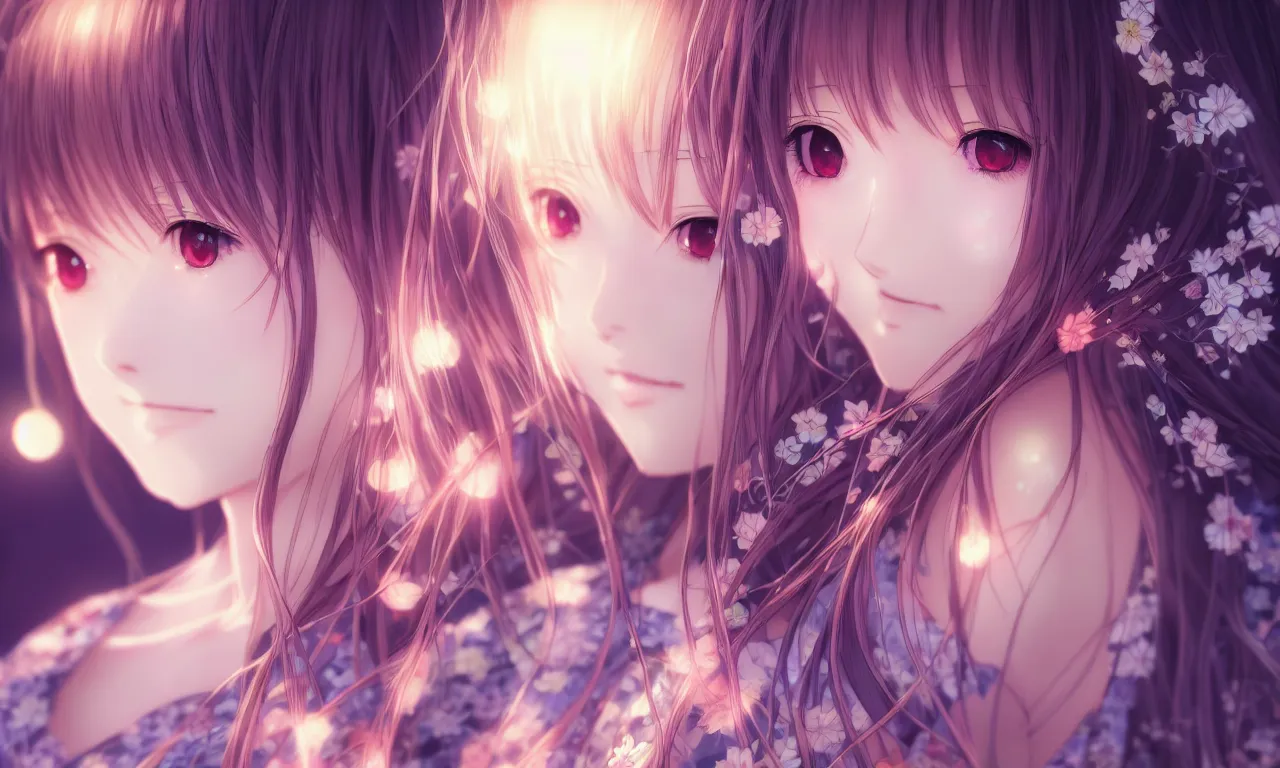 Image similar to portrait three beautiful anime girls wear coctail kimono closeup macro | | sunny night, full moon, dreamlike art, realistic shaded, smile, good looking, hyper details, 4 k realistic, cryengine, realistic shaded lighting poster by artgerm, ross tran, fuji choko, 8 k resolution, trending on artstation, luxury