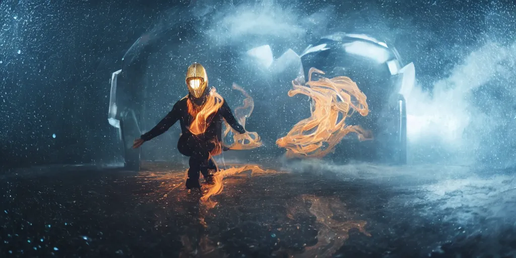 Image similar to VHS music video fisheye slow motion with lines of fire and smoke effect of futuristic break dancer wearing long dark cloak and golden helmet emitting fire and crystals, long exposure shot , enigmatic, at night half submerged by water, paddle of water, steam, fog, water splashes, rim lights, glossy reflections, water droplets on lens, octane render, Volumetric dynamic lighting, stunning cover magazine, high details, hajime sorayama