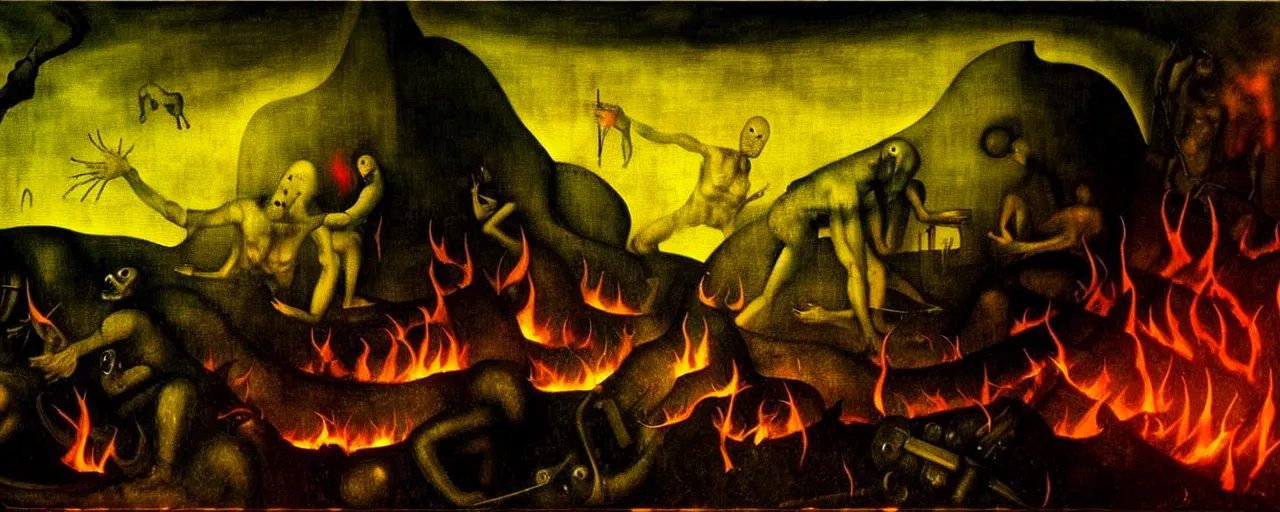 Image similar to trapped on a hedonic treadmill, dark uncanny surreal painting by bosch, dramatic lighting from fire glow, mouth of hell, ixions wheel