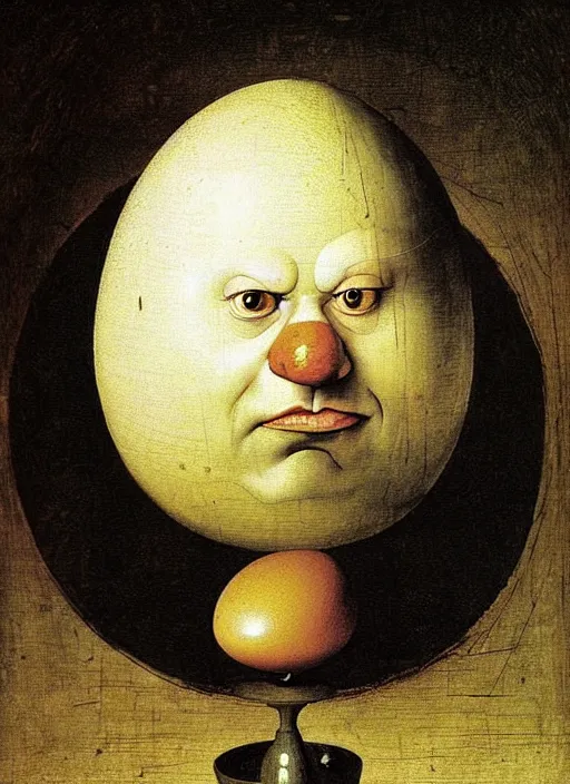 Image similar to portrait of an egg with humpty dumpty silly facial expressions, realistic, by hieronymus bosch, pieter brueghel, greg rutkowski