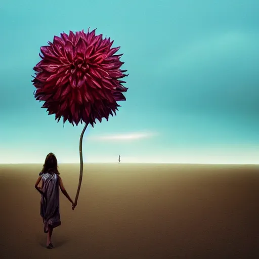 Prompt: closeup giant dahlia flower under the head, girl walking between dunes, surreal photography, sunrise, blue sky, dramatic light, impressionist painting, digital painting, artstation, simon stalenhag