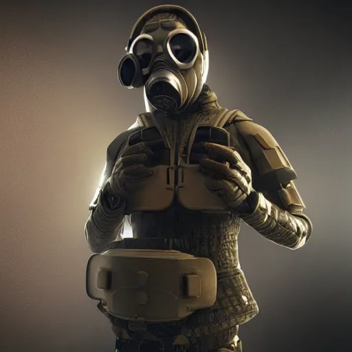 Prompt: a heavily armored soldier wearing a gasmask, cyberpunk, realistic octane render, high detail