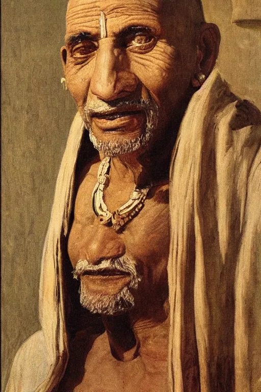 Image similar to a closer personal portrait of a a very old egyptian temple priest with very piercing eyes, very charismatic. in ancient egypt. masterpiece, ciaroscuro. painted by carl larsson