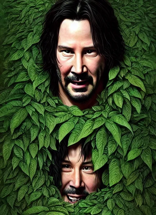 Image similar to highly detailed comedy caper movie poster with silly wacky zany keanu reeves as a sentient pile of leaves, keanu reeves green face as a sentient leafy bush by greg rutkowski, masterpiece, really funny, 1 0 / 1 0 comedy