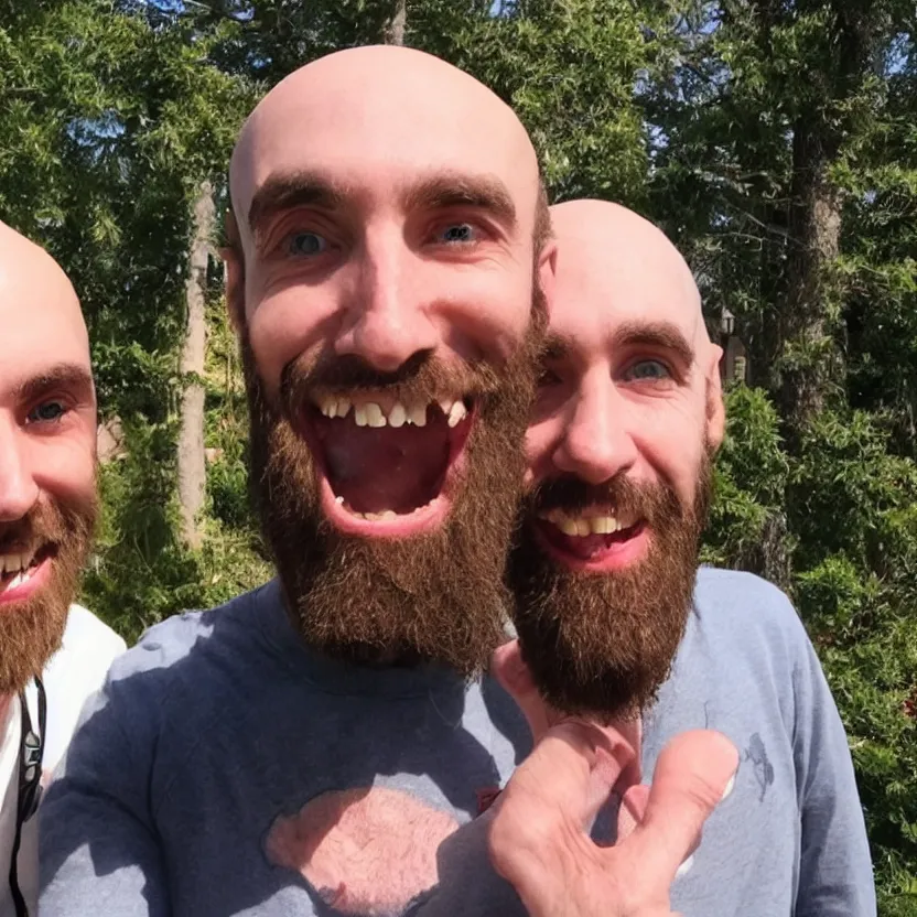 Image similar to Asmongold smiling with a bald head and beard