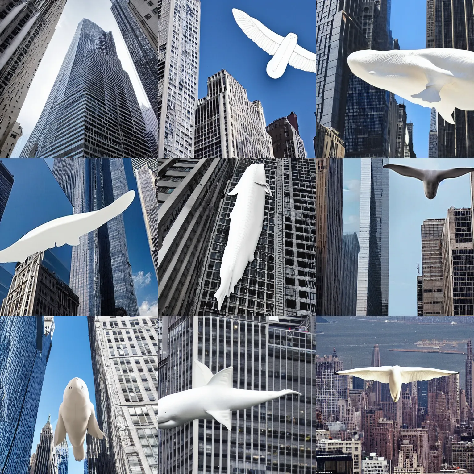 Prompt: an enormous, monstrous, white whale flying through the sky in new york, photographed between skyscrapers