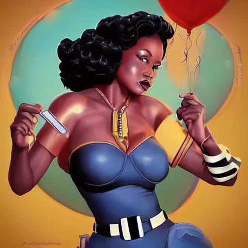 Image similar to black female astronaut with a celestial afro pin-up style by Artgerm, realist, trending on artstation