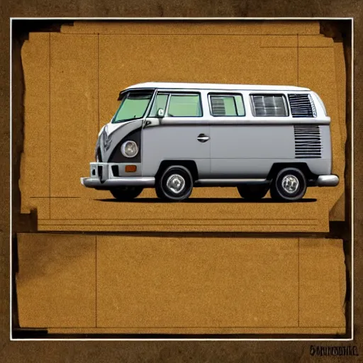 Image similar to detailed schematic for a vw vanagon with rocket engines, faded parchment, aged, descriptions, highly detailed, 8 k,