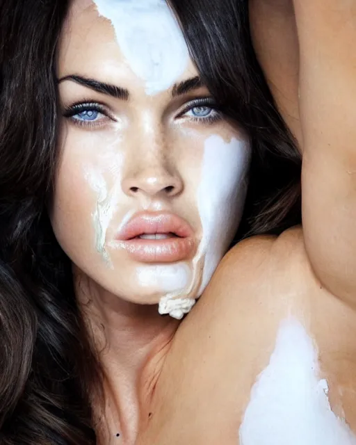 KREA - megan fox made out of mayonnaise, human face made out of mayonnaise,  megan fox wearing white body paint, professional food photography