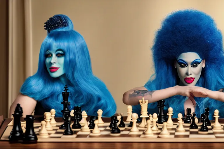 Prompt: blue hair drag queen playing chess, netflix show poster