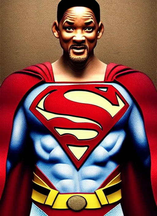 Prompt: will smith as superman in minecraft, muscles, veins, arteries, intricate, organs, ornate, surreal, ray caesar, john constable, guy denning, dan hillier