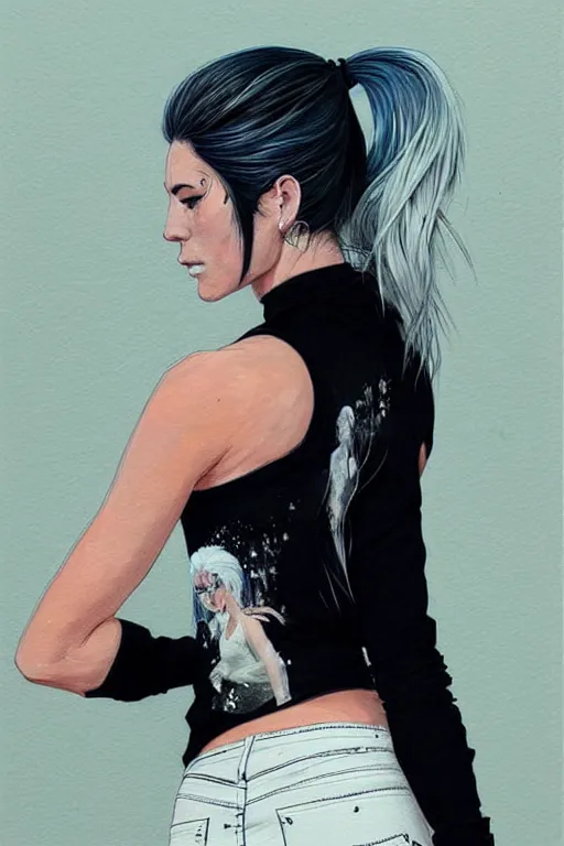 Image similar to a ultradetailed beautiful painting of a stylish woman in with white hair in a ponytail, she is wearing a black tank top and jeans, by conrad roset, greg rutkowski and makoto shinkai trending on artstation