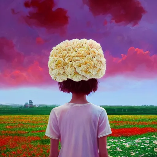 Image similar to head made of carnations flower, girl standing in a vast flower field, surreal photography, sunrise dramatic light, impressionist painting, colorful clouds, large sky, digital painting, artstation, simon stalenhag, flower face