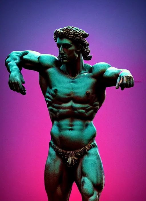 Image similar to statue of victorious hercules, beeple, vaporwave, retrowave, abstract neon shapes, tonal separation, black background, glitch, pixel sorting, strong contrast, pinterest, trending on artstation