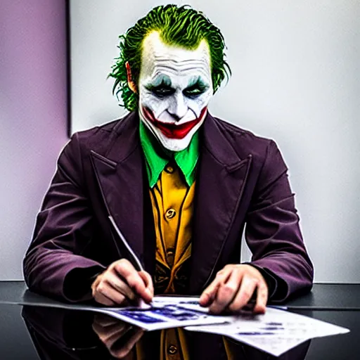 Image similar to the joker doing his taxes