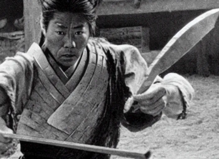 Image similar to a movie still of a samurai slicing through a loaf of bread by Akira Kurosawa