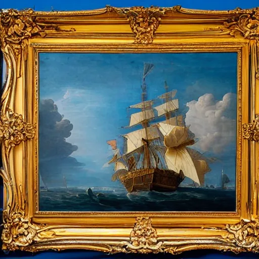 Prompt: A realistic baroque painting of a huge detailled and well structured boat, on a blue ocean.