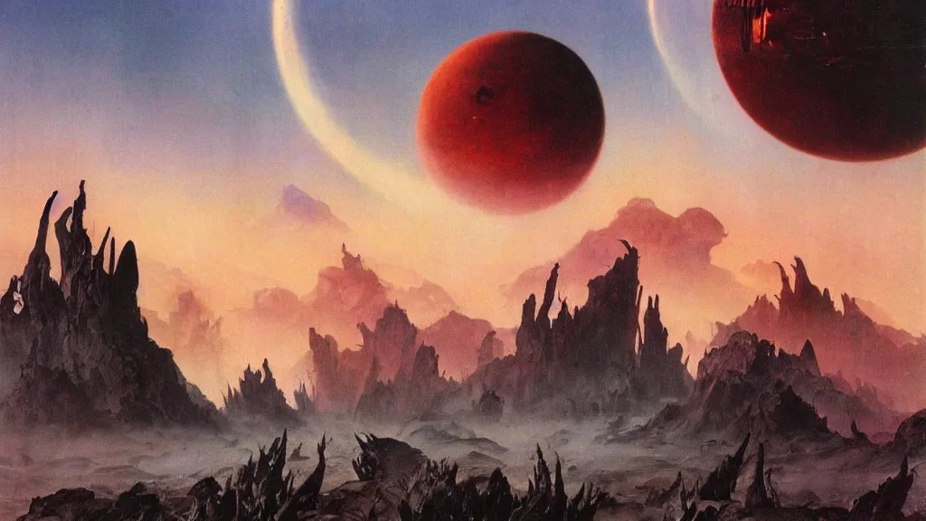 Image similar to surreal eerie alien planet empire by frank frazetta and bruce pennington, cinematic matte painting