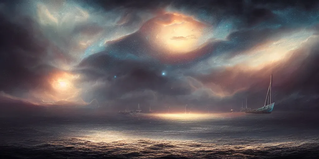 Image similar to detailed beautiful matte painting of a ship sailing a cosmic galaxy by Mikko Lagerstedt and Raphael Lacoste