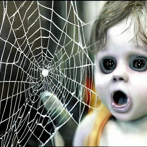 Prompt: Lord of the rings spider eating a human baby in its web realistic painting ultra detailed horror UHD 4k