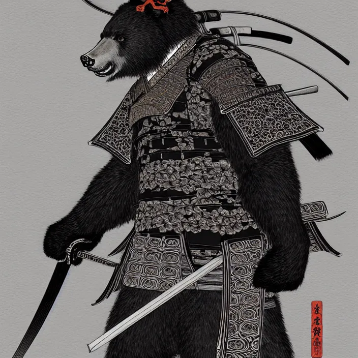 Prompt: anthropomorphic samurai asian black bear, fantasy, intricate, highly detailed, lifelike, photorealistic, digital painting, artstation, illustration, concept art, smooth, sharp focus, art by kitagawa utamaro and ogata korin and aya takano