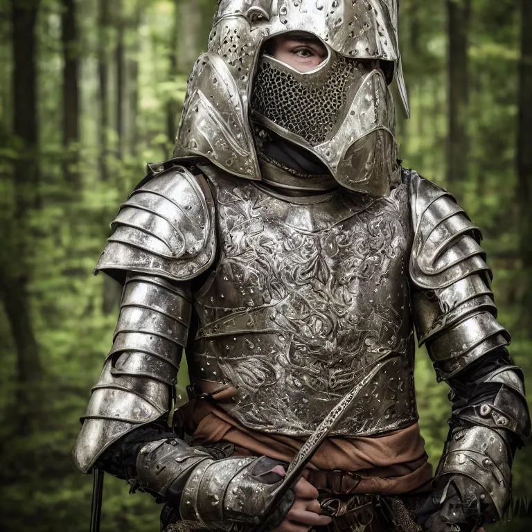 Image similar to portrait photo of an armoured male warrior, in a fantasy forest, medieval style, highly detailed, smooth, sharp focus, 8 k. lifelike. soft light. nikon d 8 5 0