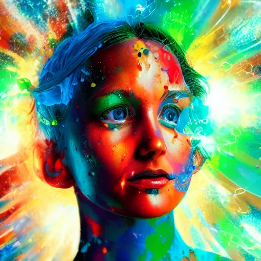 Image similar to improbability, octane render, portrait made of paint, splashes of colors, comic book art