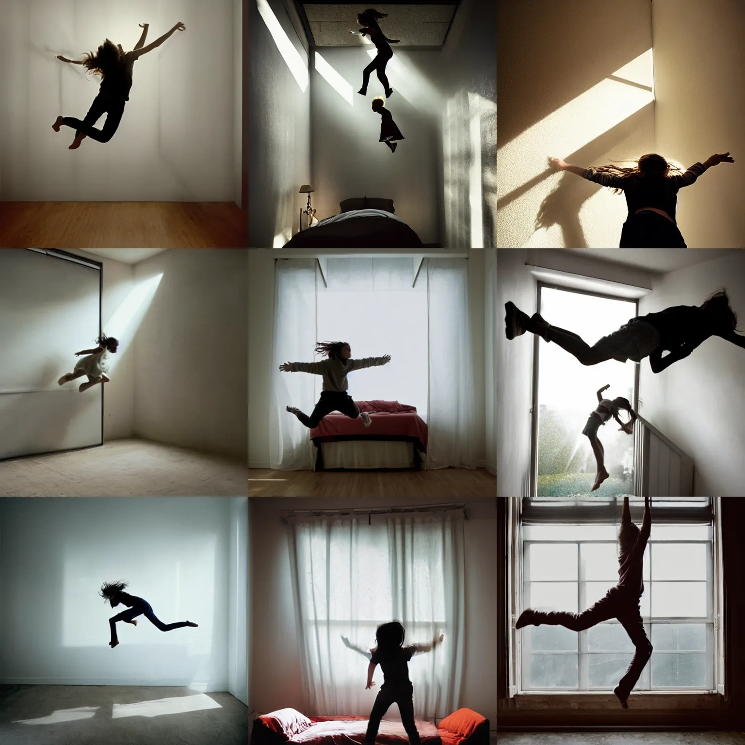 Prompt: girl jumping over her bed, big window, magical jeremy geddes natural volumetric light