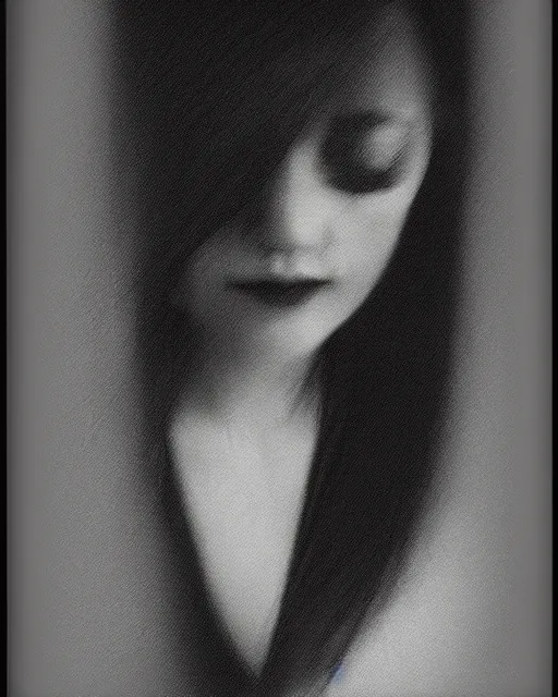 Image similar to photorealism, polaroid, black and white, female silhouette, black veil, noise, out of focus, long exposure