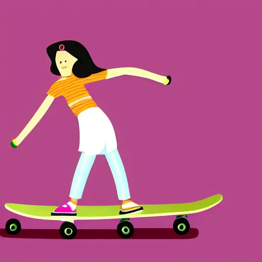 Prompt: modern stylized illustration of a girl riding a skateboard with one leg up and the other on the deck going fast, side view