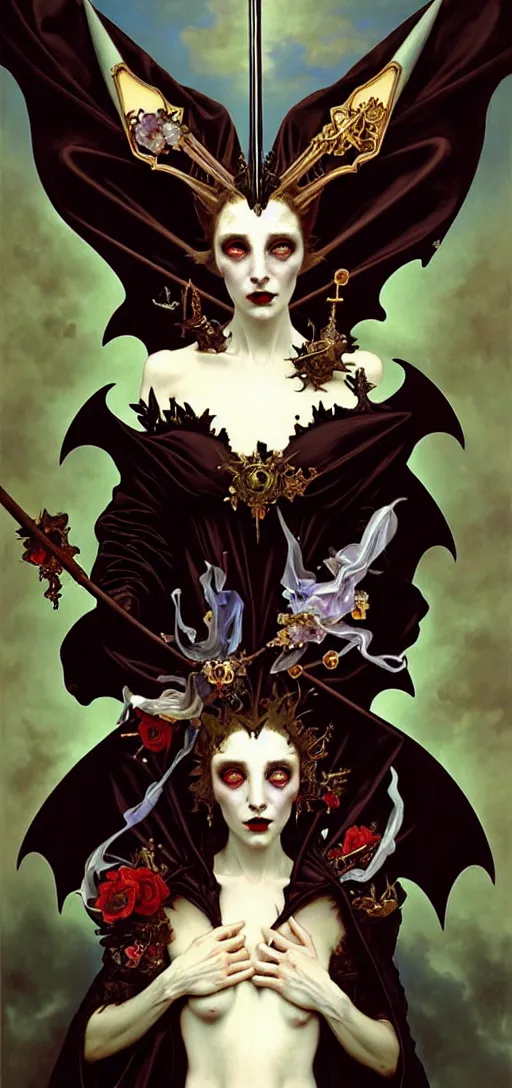 Image similar to baroque oil painting portrait of vampire queen in gothic robes with bat wings, by peter mohrbacher, alphonse mucha, brian froud, yoshitaka amano, kim keever, victo ngai, james jean