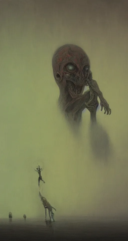 Prompt: Painting in a style of Beksinski featuring a giant alien crying. Pain and suffering in the background