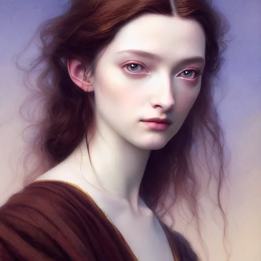 Prompt: beautiful striking Pre-Raphaelite Emma Dumont by Artgerm and Greg Rutkowski, intricate, elegant, highly detailed, digital painting, pale