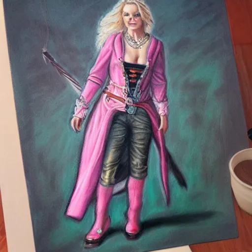 Prompt: detailed full body concept pastel painting of a female pirate in beautifully designed clothing