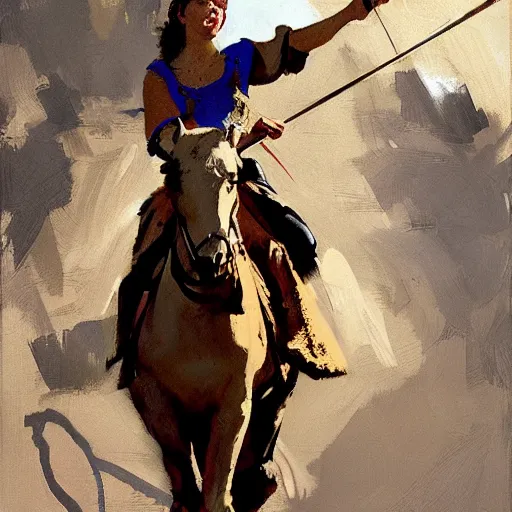 Image similar to portrait of woman wearing on horseback medieval clothing aiming a bow and arrow, detailed by greg manchess, craig mullins, bernie fuchs, walter everett