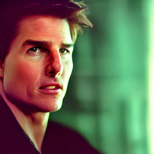 Image similar to photoshoot tom cruise in dark room, green lighting, cinestill, 800t, 35mm, full-HD