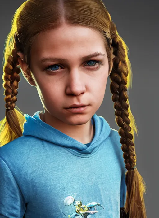 Image similar to An epic fantasy comic book style portrait painting of a young feminine boy, green eyes, fair skin, long brown hair worn in two pigtails, his left pigtail is shorter than the right pigtail, yellow hoodie with a grey undershirt, unreal 5, DAZ, hyperrealistic, octane render, cosplay, RPG portrait, dynamic lighting