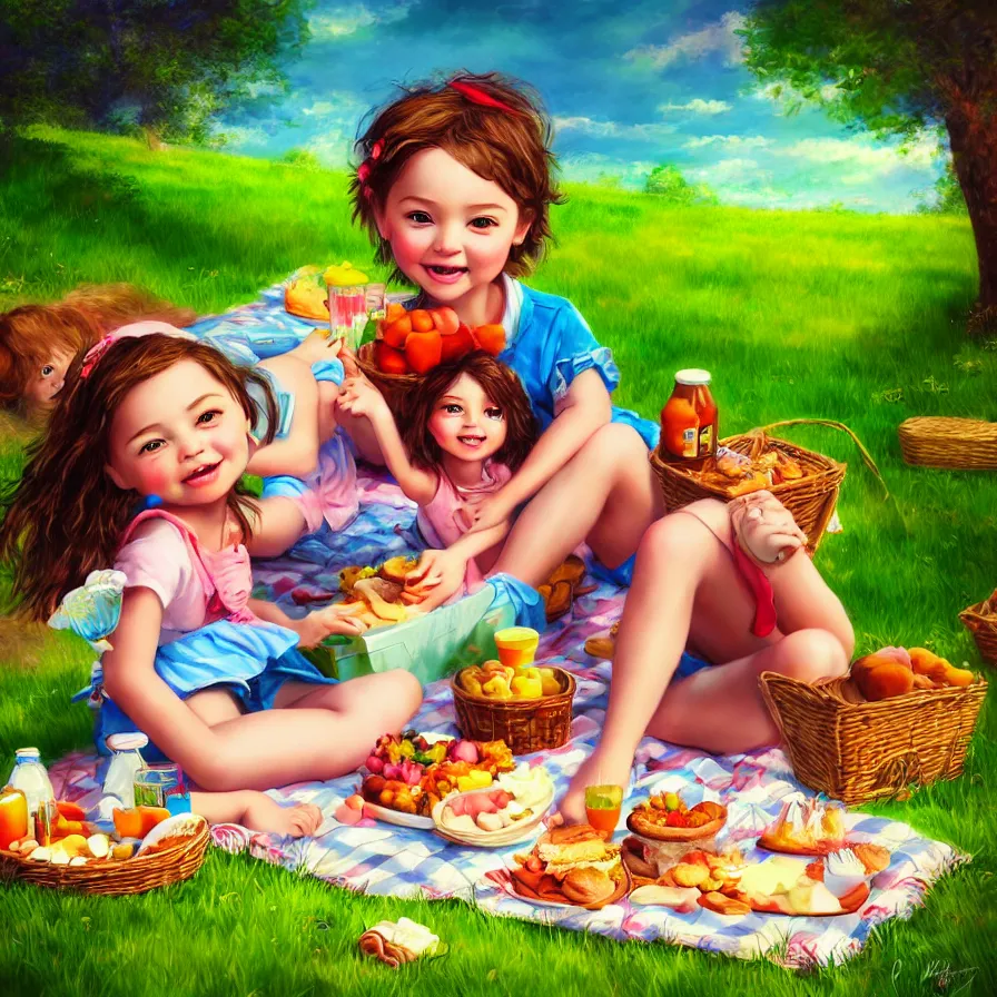 Image similar to epic professional digital portrait of 🧸🧺 picnic, for kids happy, cheerful, fun, kid safe, detailed, hdr, 4 k, best on wlop, pixiv, stunning, gorgeous, much wow, cinematic, masterpiece